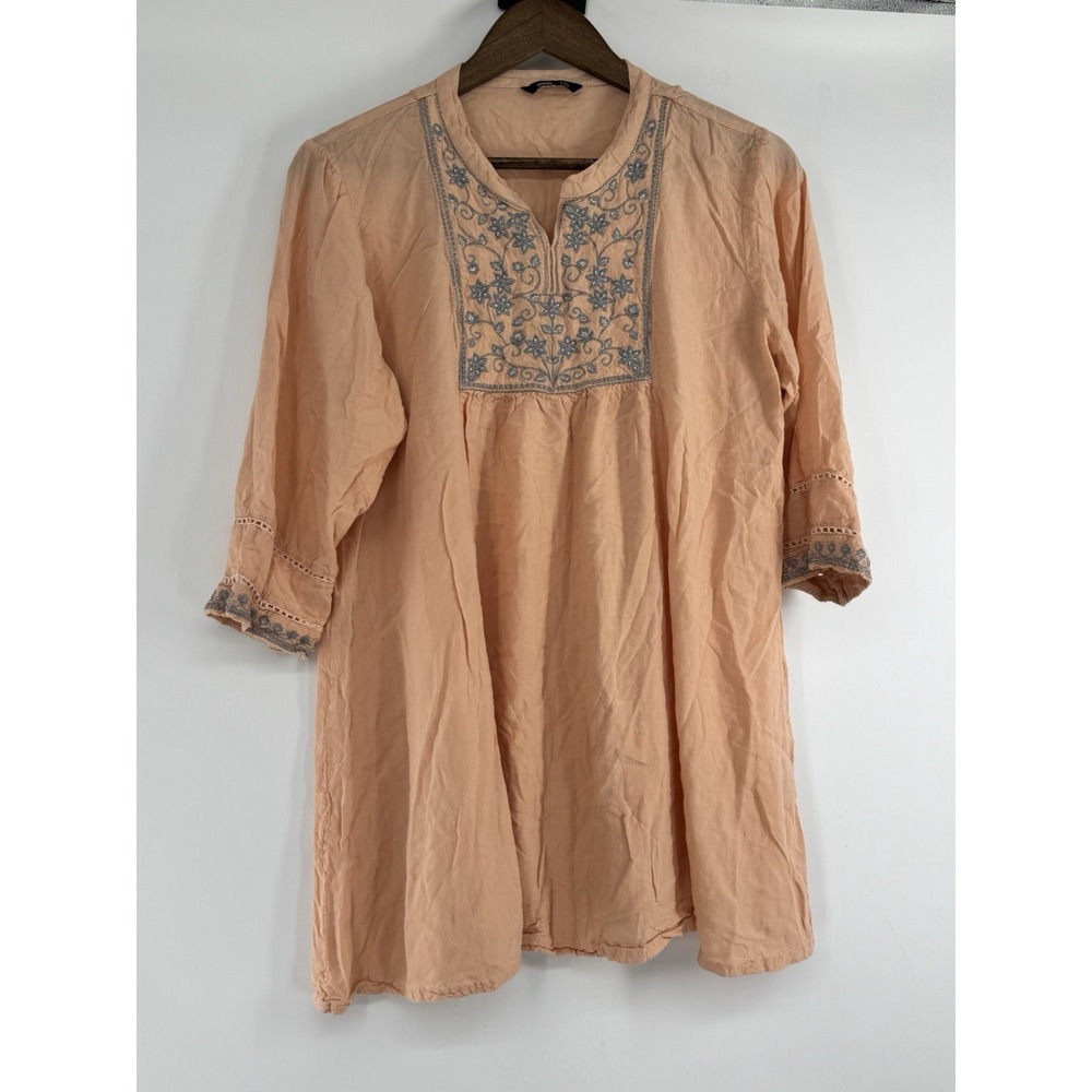 Bohemian Embroidered Tunic Peach Natural Lightweight Flowy Relaxed Cottage